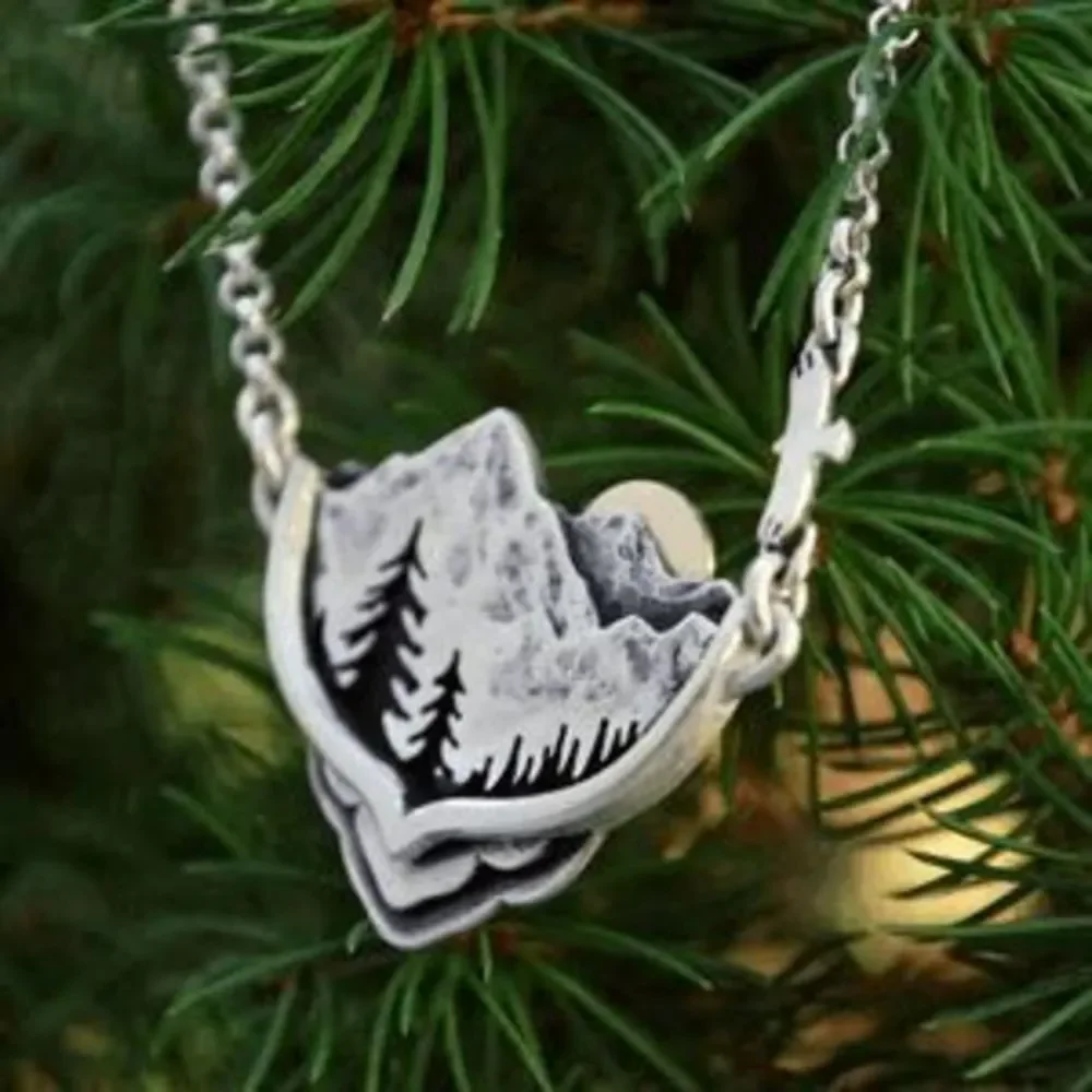 Silver Mountain Valley Pines Moon Sunset Boho Landscape Scalloped Necklace